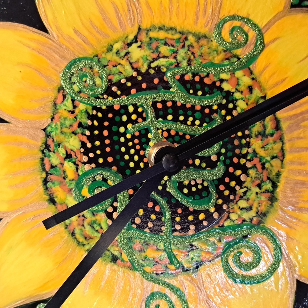 Hand Crafted Painted Sunflower Wall Clock - Black and Yellow Faith Home Decor - Picture 7 of 11
